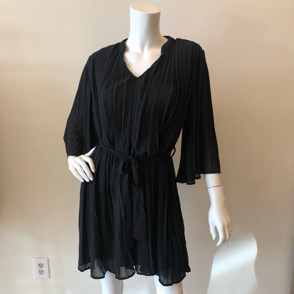 Black Pleated Tie Waist Dress